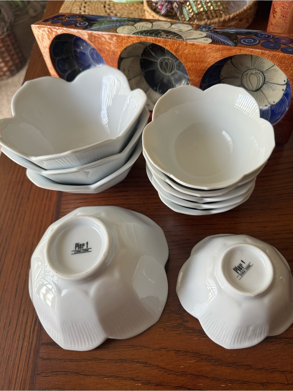 Set Of 10 Pier 1 White Porcelain Lotus  6” & 4” All Purpose Rice Bowls Flowers